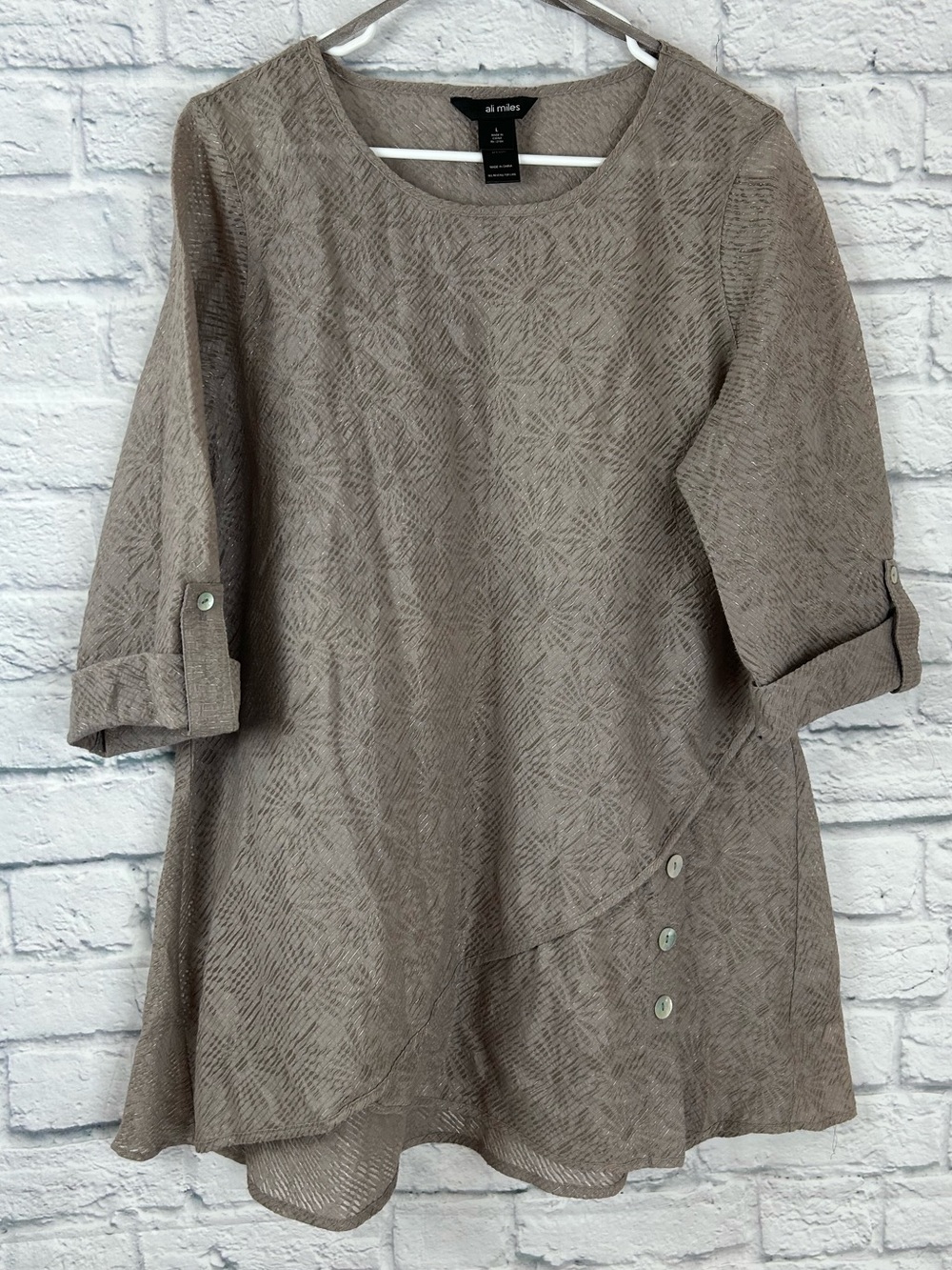 Ali Miles Large Taupe Metallic Textured Tunic Top Roll Tab Sleeves